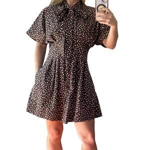 Exquise Anthropologie Tobie Tie Neck Polka Dot Mini Shirt Dress XS Brown Retro